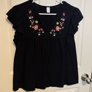 Floral Embroidered Black Flutter Sleeve Top